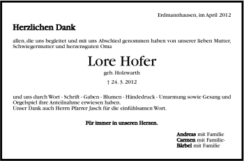 Traueranzeige von Lore Hofer von Marbacher Zeitung