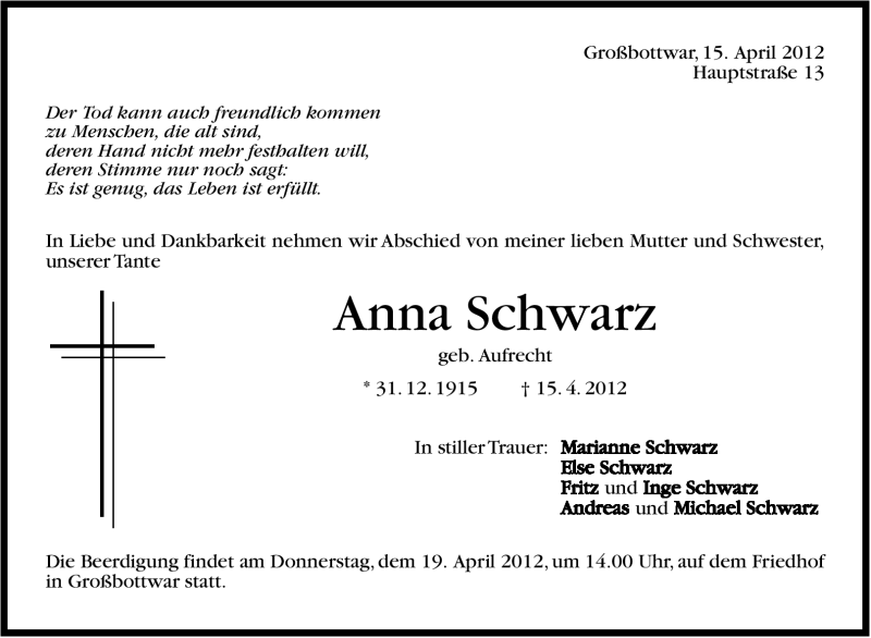  Traueranzeige für Anna Schwarz vom 17.04.2012 aus Marbacher Zeitung