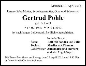 Traueranzeige von Gertrud Pohle von Marbacher Zeitung