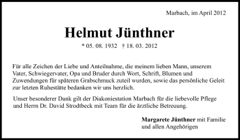 Traueranzeige von Helmut Jünthner von Marbacher Zeitung