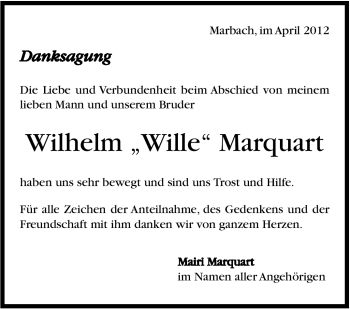 Traueranzeige von Wilhelm Marquart von Marbacher Zeitung