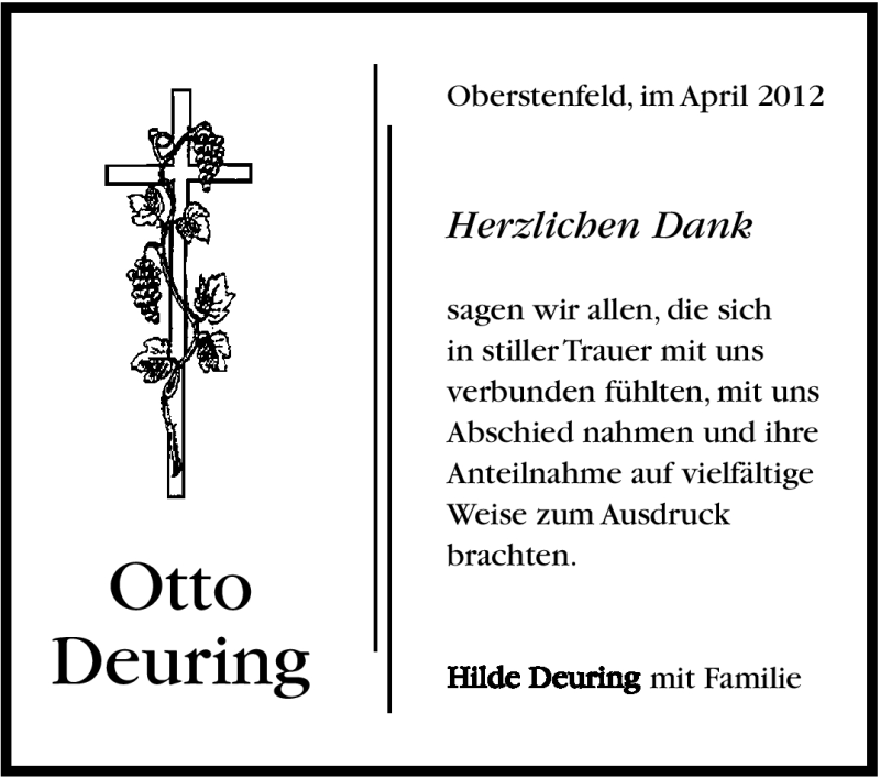  Traueranzeige für Otto Deuring vom 27.04.2012 aus Marbacher Zeitung