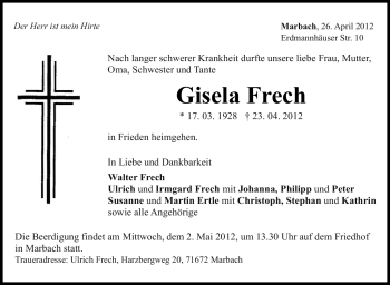 Traueranzeige von Gisela Frech von Marbacher Zeitung