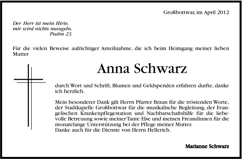  Traueranzeige für Anna Schwarz vom 28.04.2012 aus Marbacher Zeitung