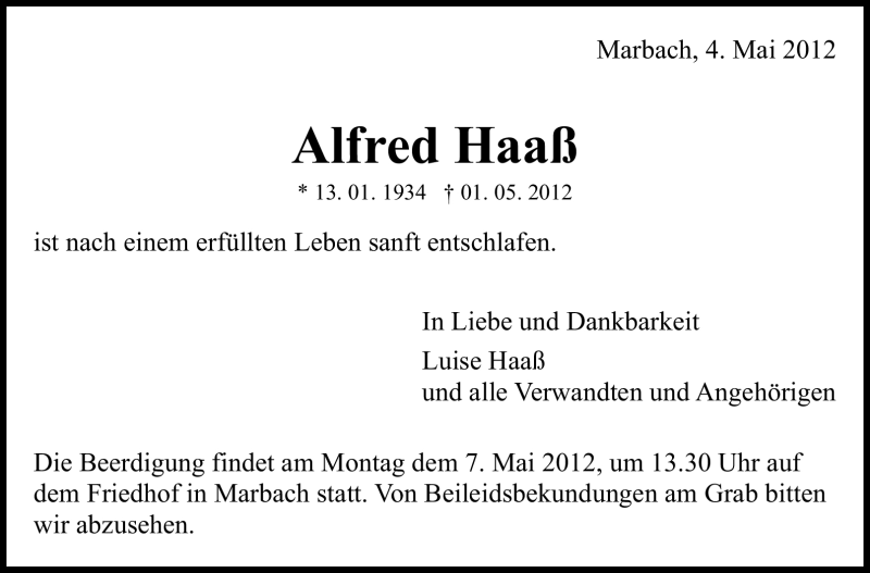  Traueranzeige für Alfred Haaß vom 04.05.2012 aus Marbacher Zeitung