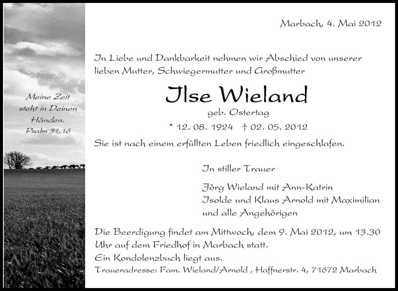  Traueranzeige für Ilse Wieland vom 04.05.2012 aus Marbacher Zeitung