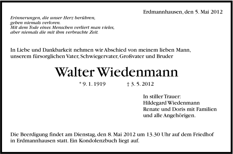  Traueranzeige für Walter Wiedenmann vom 05.05.2012 aus Marbacher Zeitung