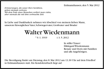 Traueranzeige von Walter Wiedenmann von Marbacher Zeitung