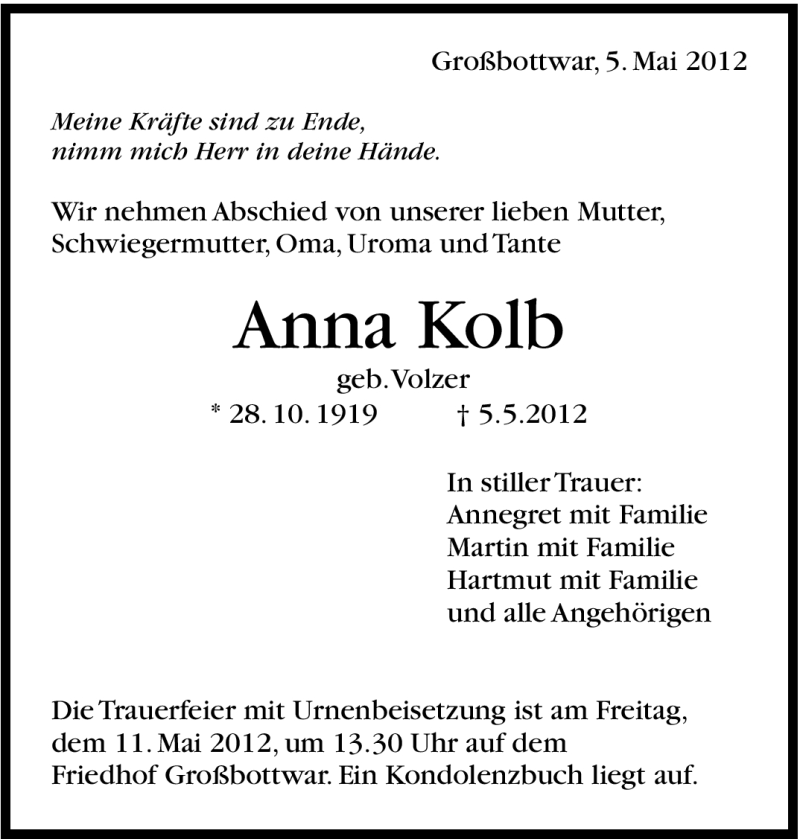 Traueranzeige für Anna Kolb vom 08.05.2012 aus Marbacher Zeitung