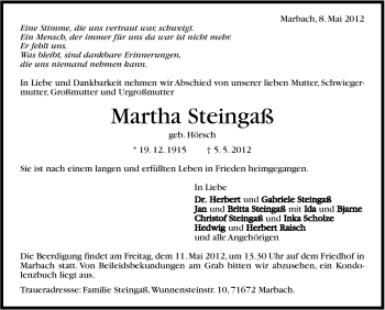 Traueranzeige von Martha Steingaß von Marbacher Zeitung