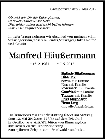 Traueranzeige von Manfred Häußermann von Marbacher Zeitung