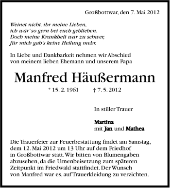 Traueranzeige von Manfred Häußermann von Marbacher Zeitung
