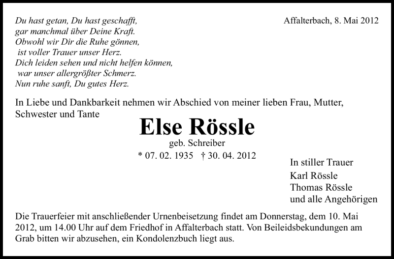  Traueranzeige für Else Rössle vom 08.05.2012 aus Marbacher Zeitung