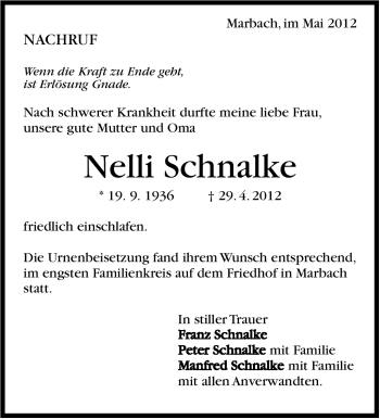 Traueranzeige von Nelli Schnalke von Marbacher Zeitung