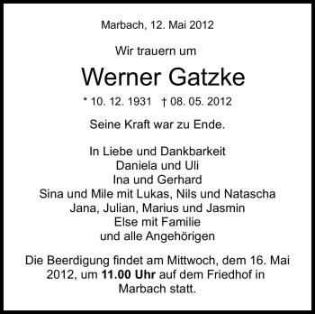 Traueranzeige von Werner Gatzke von Marbacher Zeitung