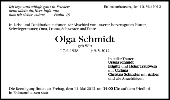 Traueranzeige von Olga Schmidt von Marbacher Zeitung