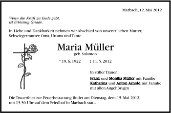 Traueranzeige von Maria Müller von Marbacher Zeitung