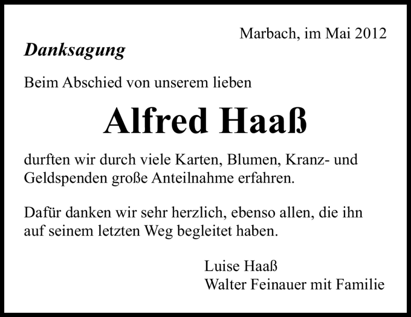  Traueranzeige für Alfred Haaß vom 18.05.2012 aus Marbacher Zeitung