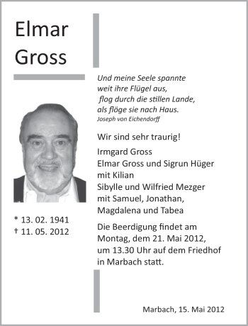 Traueranzeige von Elmar Gross von Marbacher Zeitung
