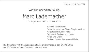 Traueranzeige von Marc Lademacher von Marbacher Zeitung