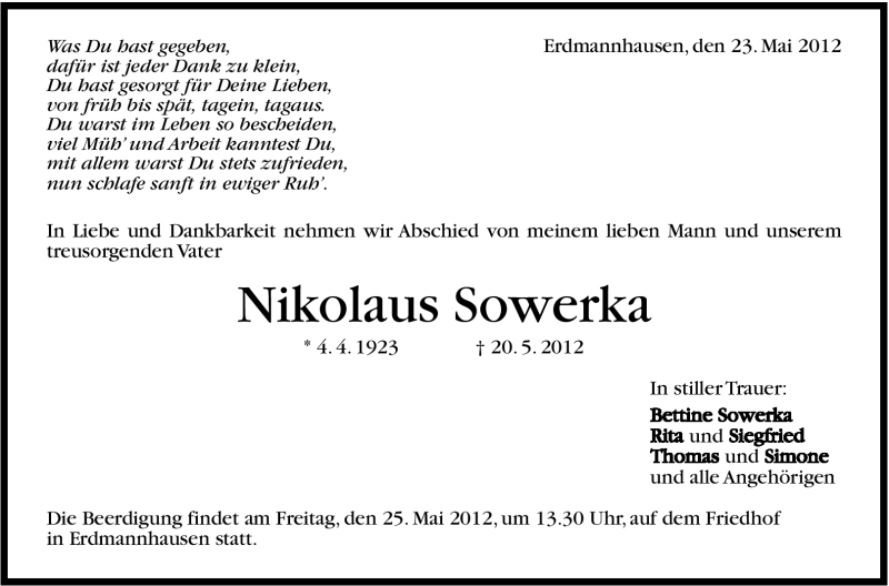  Traueranzeige für Nikolaus Sowerka vom 23.05.2012 aus Marbacher Zeitung