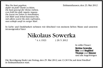 Traueranzeige von Nikolaus Sowerka von Marbacher Zeitung