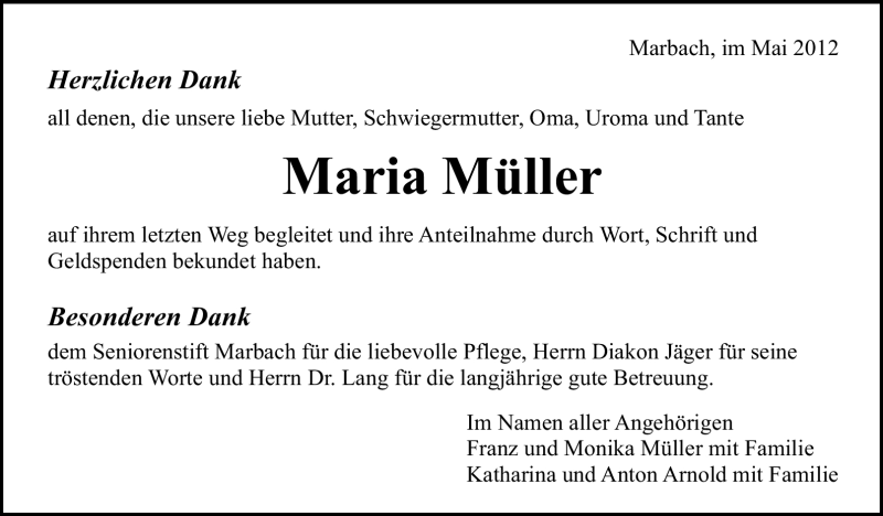  Traueranzeige für Maria Müller vom 26.05.2012 aus Marbacher Zeitung