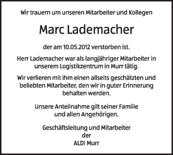 Traueranzeige von Marc Lademacher von Marbacher Zeitung