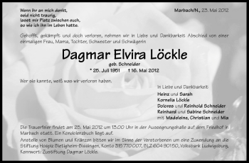 Traueranzeige von Dagmar Löckle von Marbacher Zeitung