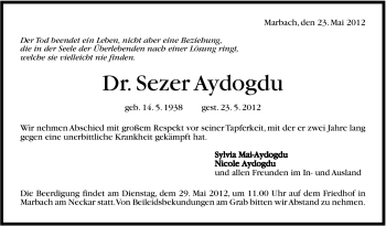 Traueranzeige von Sezer Aydogdu von Marbacher Zeitung