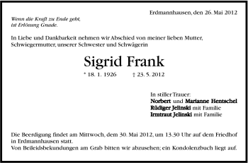 Traueranzeige von Sigrid Frank von Marbacher Zeitung