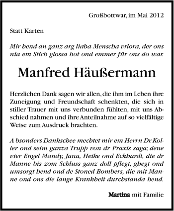 Traueranzeige von Manfred Häußermann von Marbacher Zeitung
