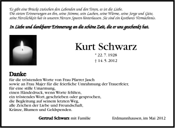 Traueranzeige von Kurt Schwarz von Marbacher Zeitung