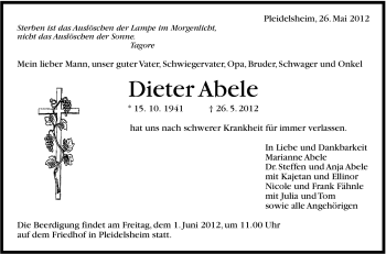 Traueranzeige von Dieter Abele von Marbacher Zeitung
