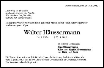 Traueranzeige von Walter Häussermann von Marbacher Zeitung