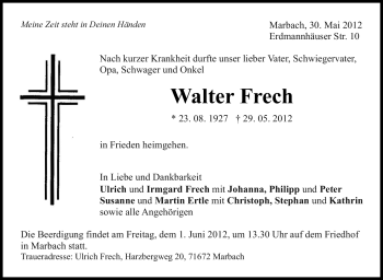 Traueranzeige von Walter Frech von Marbacher Zeitung