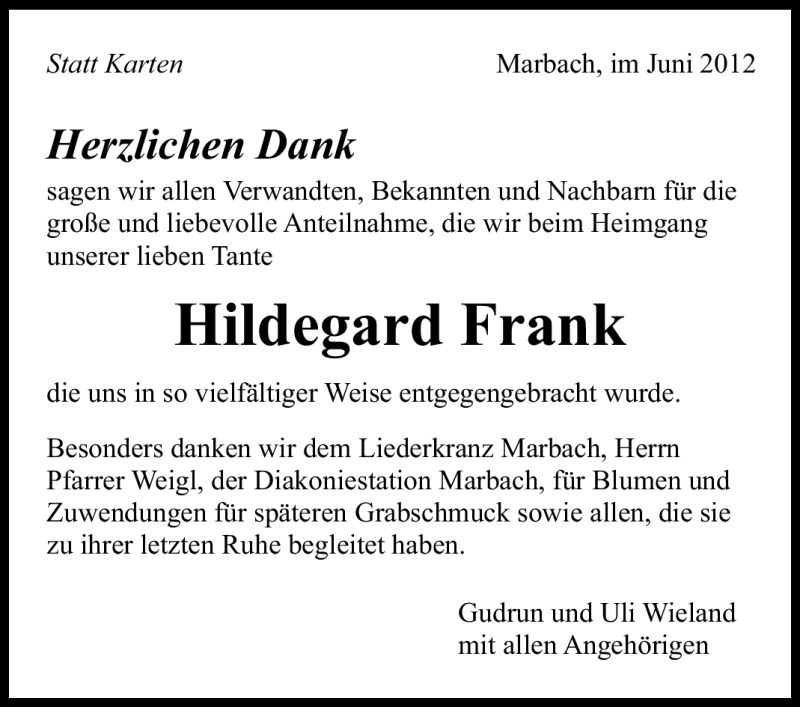  Traueranzeige für Hildegard Frank vom 08.06.2012 aus Marbacher Zeitung