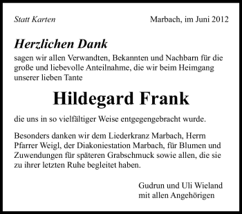 Traueranzeige von Hildegard Frank von Marbacher Zeitung