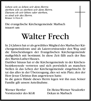 Traueranzeige von Walter Frech von Marbacher Zeitung