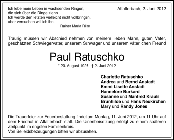 Traueranzeige von Paul Ratuschko von Marbacher Zeitung