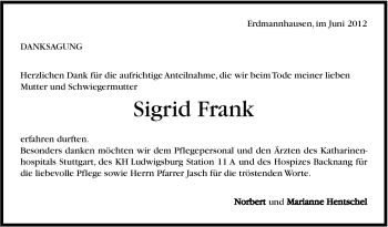 Traueranzeige von Sigrid Frank von Marbacher Zeitung