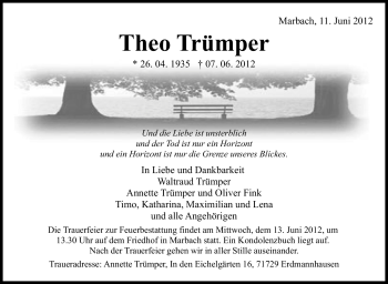 Traueranzeige von Theo Trümper von Marbacher Zeitung