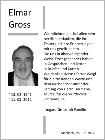 Traueranzeige von Elmar Gross von Marbacher Zeitung
