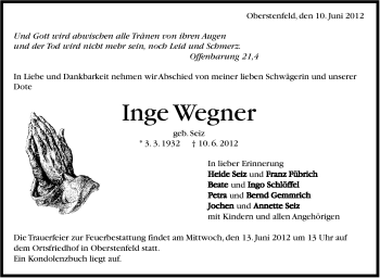 Traueranzeige von Inge Wegner von Marbacher Zeitung