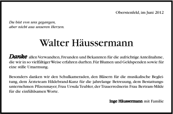 Traueranzeige von Walter Häussermann von Marbacher Zeitung