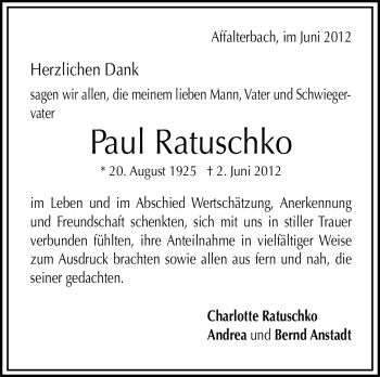 Traueranzeige von Paul Ratuschko von Marbacher Zeitung