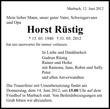Traueranzeige von Horst Rüstig von Marbacher Zeitung