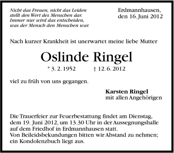 Traueranzeige von Oslinde Ringel von Marbacher Zeitung