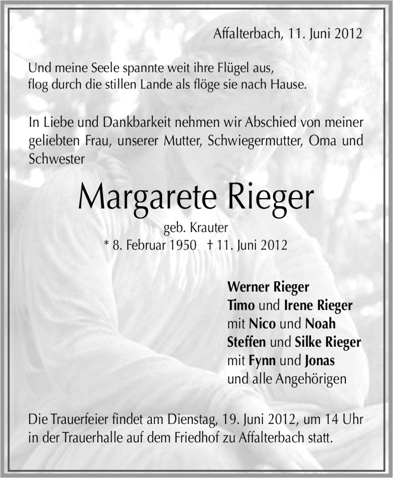  Traueranzeige für Margarete Rieger vom 14.06.2012 aus Marbacher Zeitung
