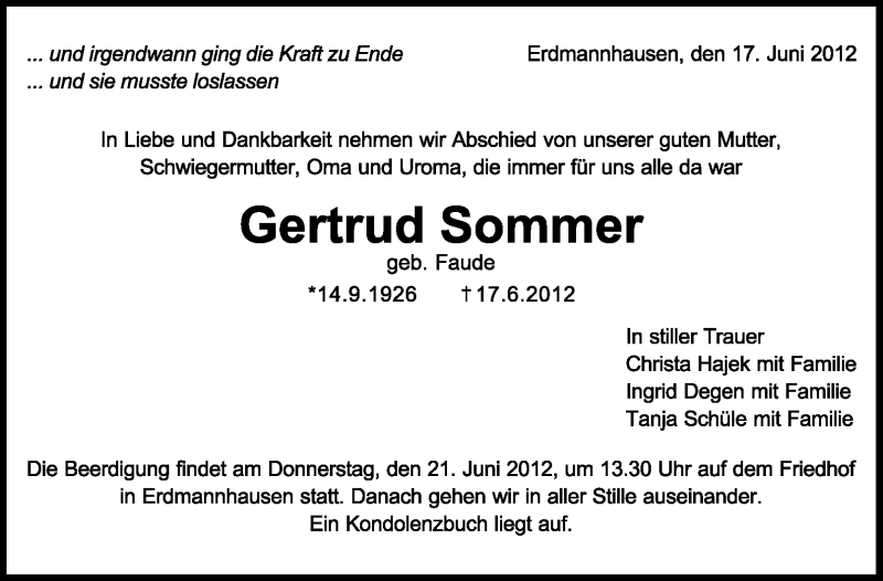  Traueranzeige für Gertrud Sommer vom 19.06.2012 aus Marbacher Zeitung